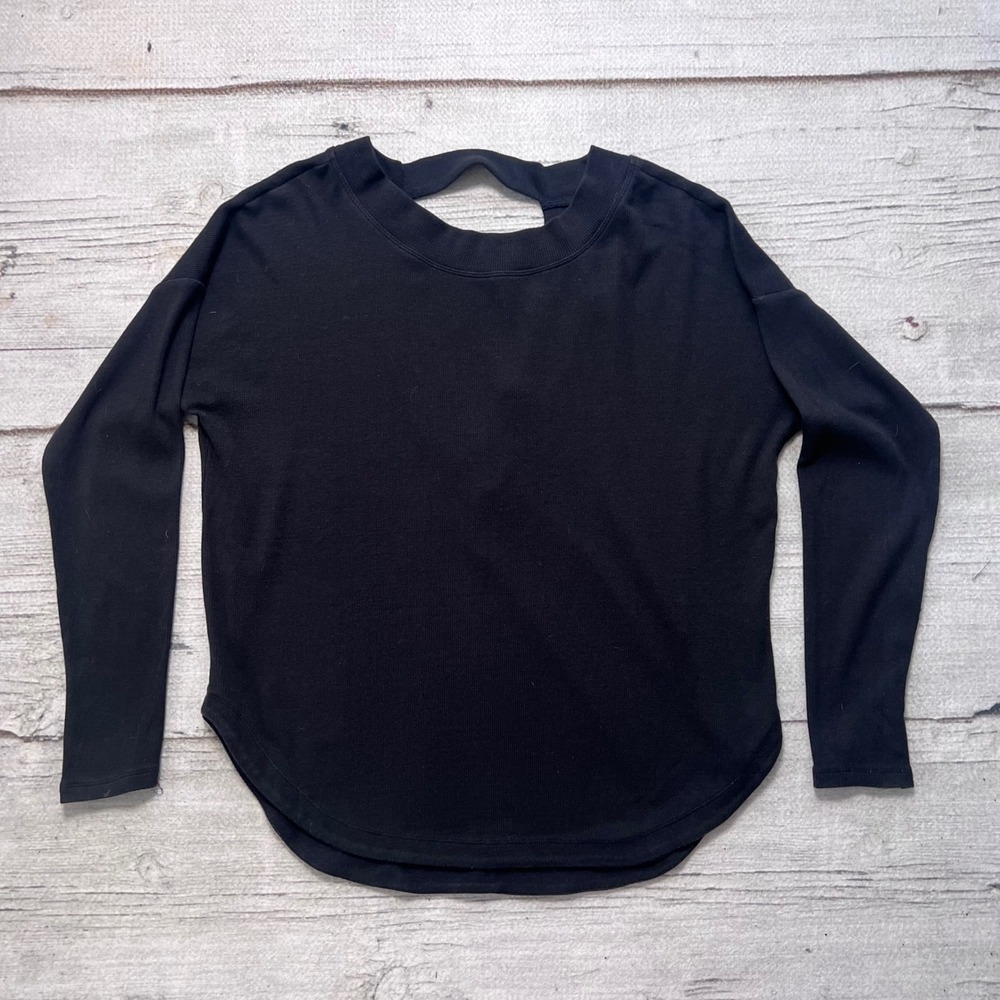 Athleta Black Ribbed Long Sleeve Cutout Back Pullover Sweatshirt‎ Top Women's L